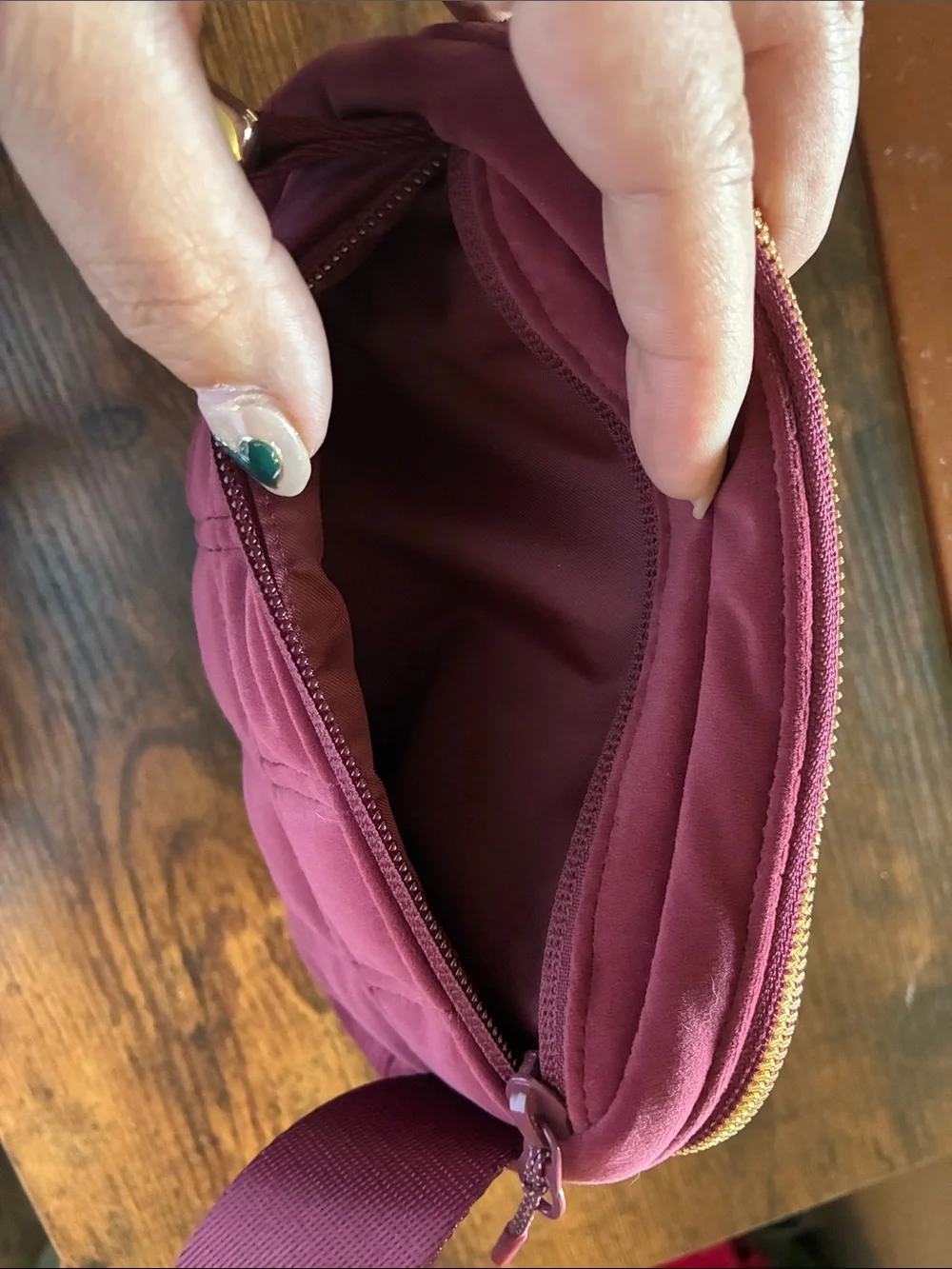 lululemon athletica Quilted Burgundy Crossbody Belt Bag with Gold Hardware